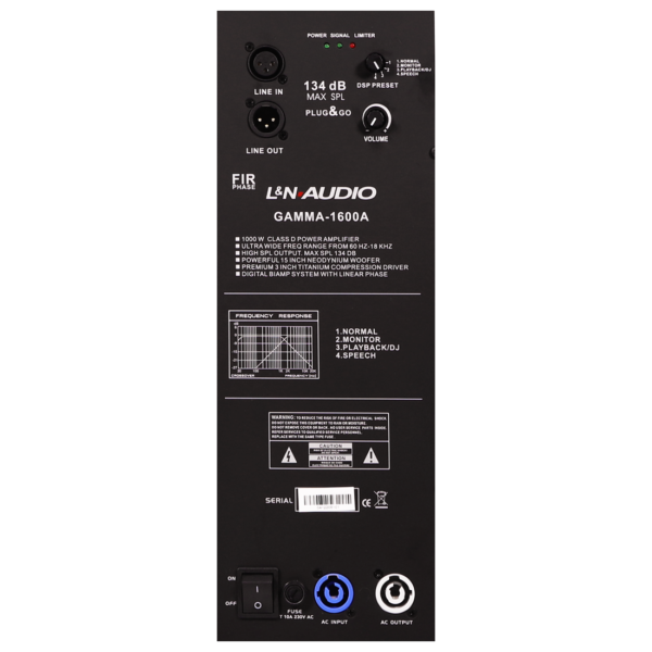 GAMMA-1600A CAJA ACUSTICA ACTIVA (DSP) 2VIAS 15″ NEODIMIO WOOFER + 3″ HF driver 2000W PEAK - 134 dB PEAK – L&N-AUDIO